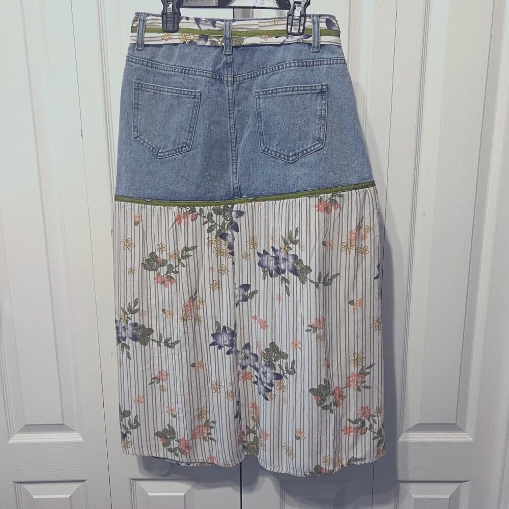 Handmade Upcycled Denim Jean Skirt-Sz. Small-Blue/Green/Floral Long Slit Skirt - Picture 6 of 12